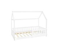 ML-Design Lit Cabane Enfant 80x160 cm Blanc en Bois Massif avec Protection Contre la Chute, Toit et Sommier à Lattes, Style Maison, Couchage Maisonnette Barrière de Sécurité pour Fille Garçon