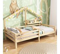 Lit enfant MODFU, lit cabane 90x200 cm, lit simple avec étagère, forme en arc, en bois de pin naturel (sans matelas)