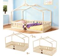 Lit enfant Montessori au sol - Lit cabane 90x200 cm - avec barrière de sécurité - Sommier à lattes - Bois massif - Jaune