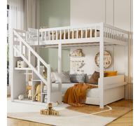 Lit enfant multifonction 140x200 cm en bois blanc avec escalier de rangement, barrière de sécurité et design gain de place