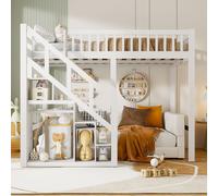 Lit enfant multifonction 90x200 cm en bois blanc avec escalier de rangement, barrière de sécurité et design gain de place