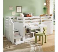 Lit enfant multifonction blanc avec rangements, escalier modulable et bureau