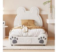 Lit Enfant Ours 90x200 cm - Lit rembourré simple - Tête de Lit Forme Ours - Tissu Velours Doux - Sommier à Lattes Inclus - Beige