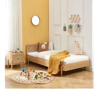 Lit enfant PABLO cannage rotin et effet bois 90x190 sommier inclus - Beige