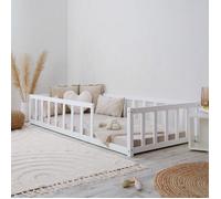 Lit enfant premier âge au sol 90x200 cm blanc - Style Montessori avec barrière de sécurité et sommier - Homestyle4u