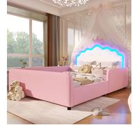 Lit enfant princesse - 140x190 cm - Bande lumineuse LED intégrée - Forme de couronne - Barrière de sécurité rembourrée