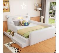 Lit enfant rembourré 140 x 200 cm avec tête de lit ours, veilleuse, USB, rangements et côtés surélevés blanc