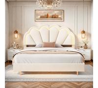 Lit enfant rembourré 140 x 200 cm, cadre de lit double couronne beige en cuirPolyuréthaneavec lumières LED, sommier à lattes et dossier (matelas non inclus)