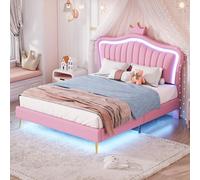 Lit enfant rembourré 140x200 cm, cadre fille : couronne double rose en cuir PU, lumières LED, sommier lattes + dossier (matelas non inclus)