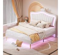 Lit enfant rembourré 140x200cm (cuirPolyuréthaneblanc) : fille, double couronne, LED, sommier lattes+dossier, matelas non inclus