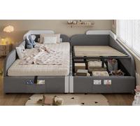 Lit enfant rembourré 2 x 90x200 cm avec rangement hydraulique, barrière souple surélevée, poche de rangement au pied, poignées en sangle et sommiers à lattes, gris