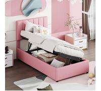 Lit enfant rembourré 90 x 200 cm avec coffre hydraulique - Lin doux rose, sommier inclus