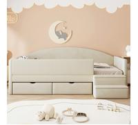 Lit enfant rembourré 90x190 cm avec 2 tiroirs, barrières de sécurité et marchepied, velours beige, sans matelas