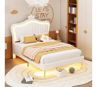 Lit enfant rembourré 90x200 cm, cadre fille : couronne double blanche en cuir PU, lumières LED, sommier lattes + dossier (matelas non inclus)