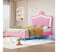 Lit enfant rembourré 90x200 cm, cadre fille : couronne double rose en cuir PU, lumières LED, sommier lattes + dossier (matelas non inclus)