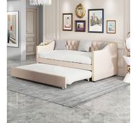 Lit Enfant Rembourré 90x200 Cm, Canapé-lit Gigogne,beige, Lin Résistant, Lit Jeune, Lit D'appoint