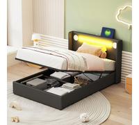 Lit enfant rembourré 90x200, mezzanine/coffre cuirPolyuréthane: LED, Bluetooth, USB, sommier lattes, jeune