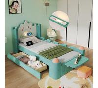 Lit enfant rembourré, lit simple, lit "nuage" avec lampe de lecture LED et port USB, tiroir de rangement montable à gauche ou à droite, repose-pieds, étagère rabattable, barrière de sécurité, revêteme