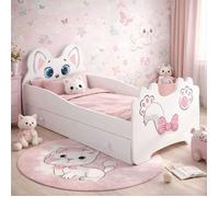 KOBI Lit Enfant Chat Blanc | avec Rangement é Tiroir | 140x70 cm | Lit Petite Fille Lits pour Enfants | avec Un Matelas et Un Cadre | la Chambre Bebe | Lit Simple avec Barriere