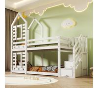 Lit enfant superposé 90 x 200 cm, lit mezzanine en forme de cabane avec escalier, rangements et tiroirs, en pin massif, avec 2 sommiers à lattes, blanc