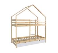 Lit enfant superposé cabane 90 x 190 cm pin naturel avec sommier et tiroir blanc - Roya