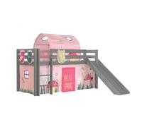 Lit Enfant Surélevé Avec Toboggan Gris + Rideau et tunnel de lit + 3 pochettes spring
