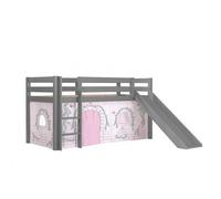 Lit Enfant Surélevé Avec Toboggan Pino 90x200cm Gris + Rideau de lit Birdy
