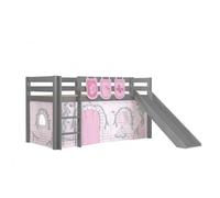 Lit Enfant Surélevé Avec Toboggan Pino 90x200cm Gris + Rideau de lit et 3 pochettes Birdy