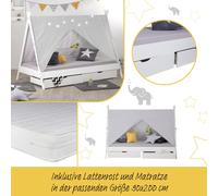 Lit D'Enfant Tipi avec Matelas 90x200 Lit Maison Blanc Gris avec Sommier à Lattes Tiroir