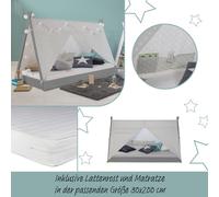 Homestyle4u – Lit bébé tipi avec matelas 90x200 – Tissu gris pour chambre enfant