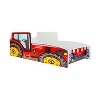 Kobi Lit enfant Tracteur rouge 70 x 140 cm thème ferme avec sommier et matelas, cabane avec barrière