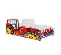 Kobi Lit enfant Tracteur rouge 70 x 140 cm thème ferme avec sommier et matelas, cabane avec barrière