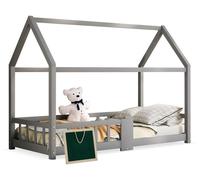 Lit enfant transformable - 90 x 200 cm - Bois massif avec espace de rangement - Tableau d'écriture intégré - Sommier à lattes avec protection anti-chute - Gris