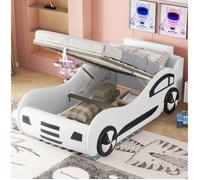 Lit enfant voiture blanc 90×200 cm avec sommier inclus et grand rangement, structure stable, montage nécessaire