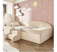 Lit enfant - ZEMINPEOEL - 90x190 cm, velours beige, marches antidérapantes, barrières rembourrées, sommier, sans matelas