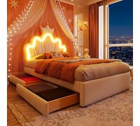Lit enfant Zepneiy 90x200 cm Blanc, avec 2 tiroirs de rangement et lampes LED, tête de lit réglable, sommier à lattes, dossier cadre de lit simple, fabriqué en PU Blanc (sans Matelas)