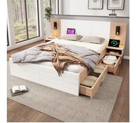 Lit ensemble 180x200 - MINIMAL - MINIMAL - Bois massif blanc/chêne - 2 tiroirs, 2 chevets - Lampe 360° USB