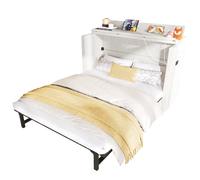 Lit escamotable 140/200 cm beige en lin avec tiroir et ports USB Type-C