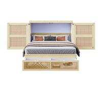 Lit escamotable 140/200 cm bois naturel en bois avec rotin et tiroirs