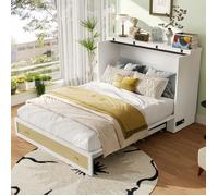 Lit Escamotable 140 x 200 cm,avec Bureau Modulable,2 Tiroirs et Lit Double avec Ports USB,MDF,Sans Matelas,Blanc