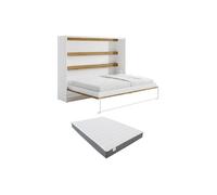 Vente-unique - Lit escamotable 140 x 200 cm - Ouverture Horizontale Manuelle - avec LEDs - Blanc et Naturel + Matelas - RAPILI