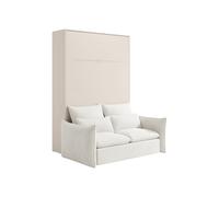 Lit escamotable 140 x 200 cm - Ouverture verticale manuelle - Avec LEDs - Beige + Canapé en tissu bouclette beige - RAPILI