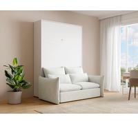 Lit escamotable 140 x 200 cm - Ouverture verticale manuelle - Avec LEDs - Blanc + Canapé en tissu bouclette beige + Matelas - RAPILI