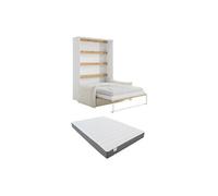 Lit escamotable 140 x 200 cm - Ouverture verticale manuelle - Avec LEDs - Blanc et naturel + Canapé en tissu bouclette beige + Matelas - RAPILI