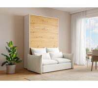 Lit escamotable 140 x 200 cm - Ouverture verticale manuelle - Avec LEDs - Blanc et naturel + Canapé en tissu bouclette beige + Matelas - RAPILI