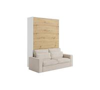 Vente-unique-Lit escamotable 140 x 200 cm - Ouverture Verticale Manuelle - avec LEDs - Blanc et Naturel + Canapé - RAPILI
