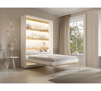 Lit escamotable 140 x 200 cm - Ouverture verticale manuelle - Avec LEDs - Blanc et naturel - RAPILI