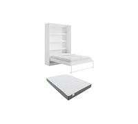 Lit escamotable 140 x 200 cm - Ouverture verticale manuelle - Avec LEDs - Blanc + Matelas - RAPILI