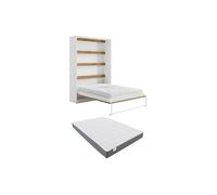 Lit escamotable 140 x 200 cm - Ouverture verticale manuelle - Blanc et naturel + Matelas - RAPILI