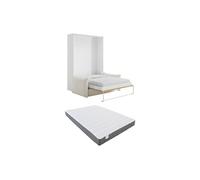 Vente-unique - Lit escamotable 140 x 200 cm - Ouverture Verticale Manuelle - Coloris : Naturel et Blanc + Matelas + Canapé en Tissu Bouclette Beige - BEGANIO